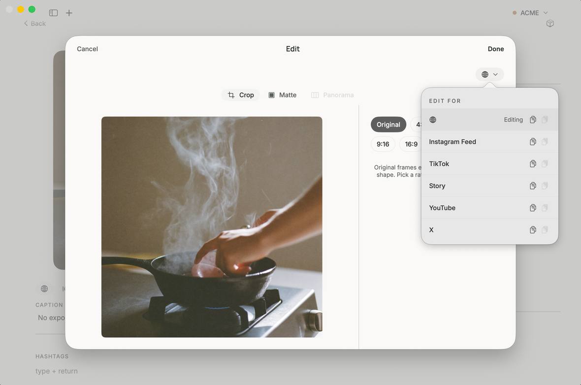 Persona's per-platform framing tool, showing one photo with independent crops queued for Instagram Feed, TikTok, Story, YouTube, and X