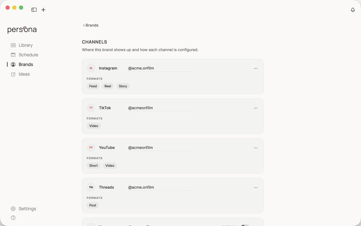 ACME's Channels: one handle per platform