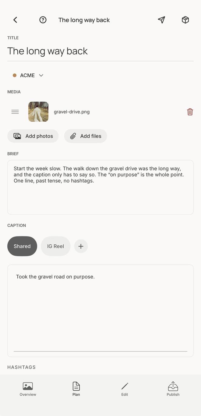 Plan on iPhone: title, media, brief, caption