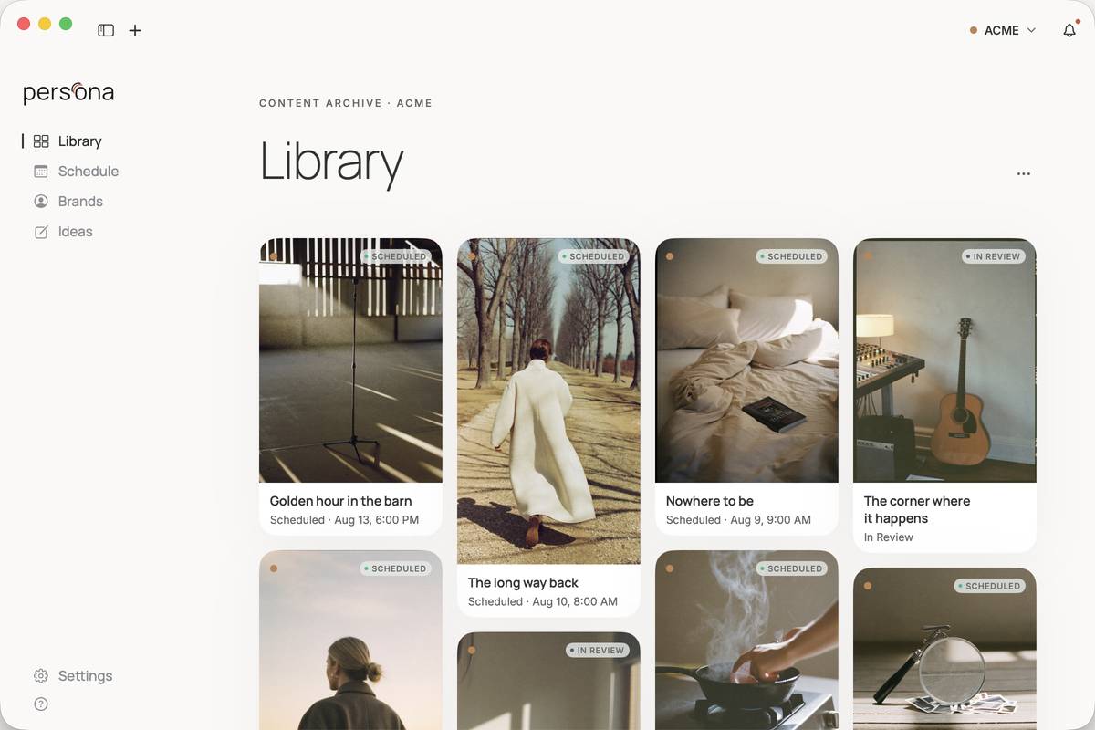 The Persona library on macOS: scheduled posts laid out as a wall of images, each with its title and send time
