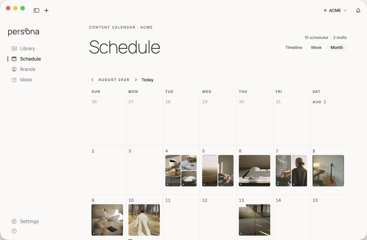 Persona's Schedule in Month view for August 2026, each day showing the posts going out