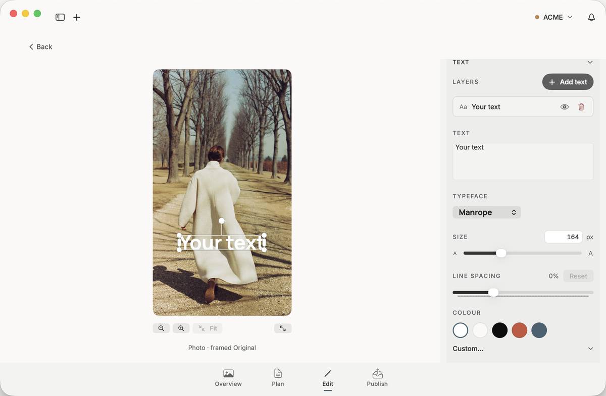 A post's Edit stage: a text layer on the photo, with typeface, size, spacing, and colour controls