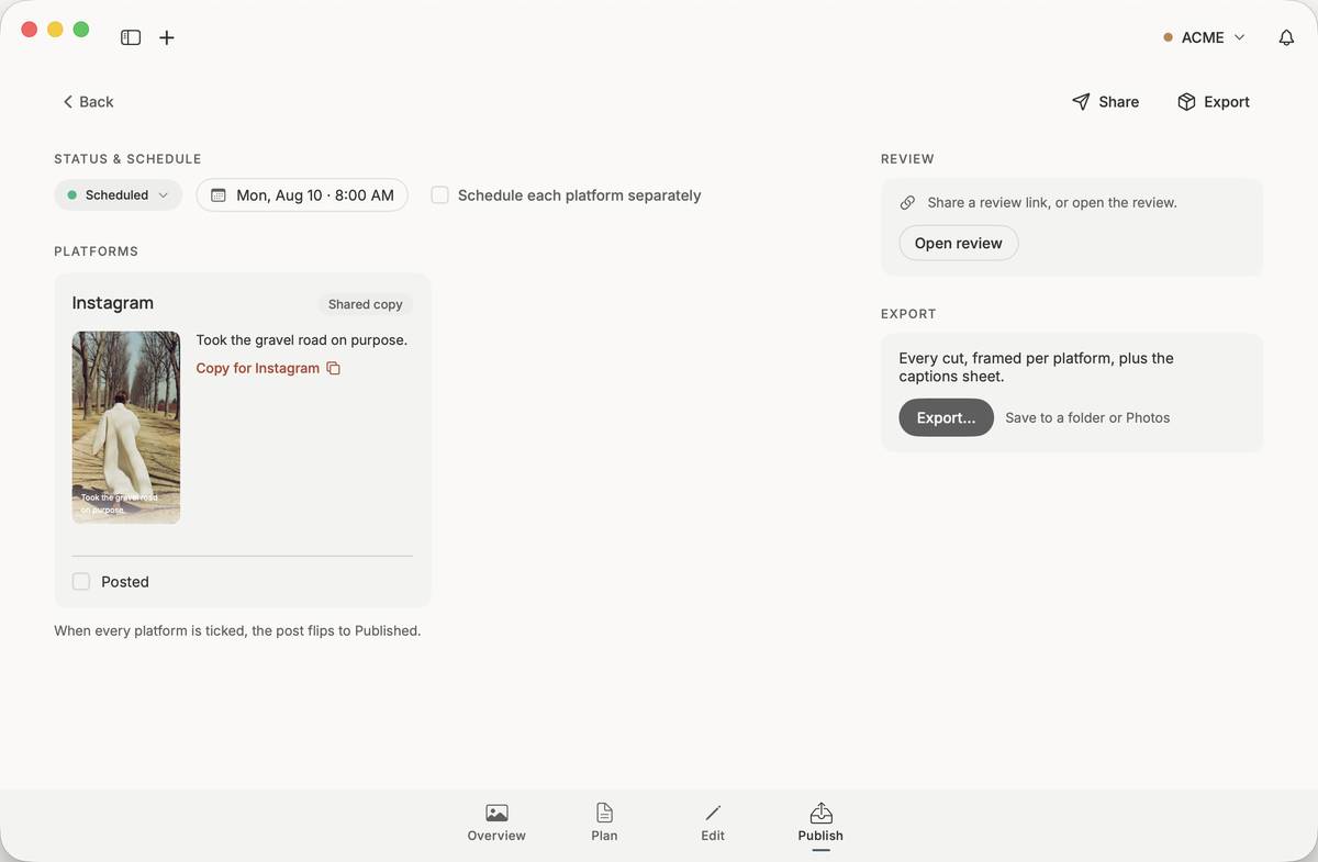 A post's Publish stage: status, schedule, platform captions, review, and Export