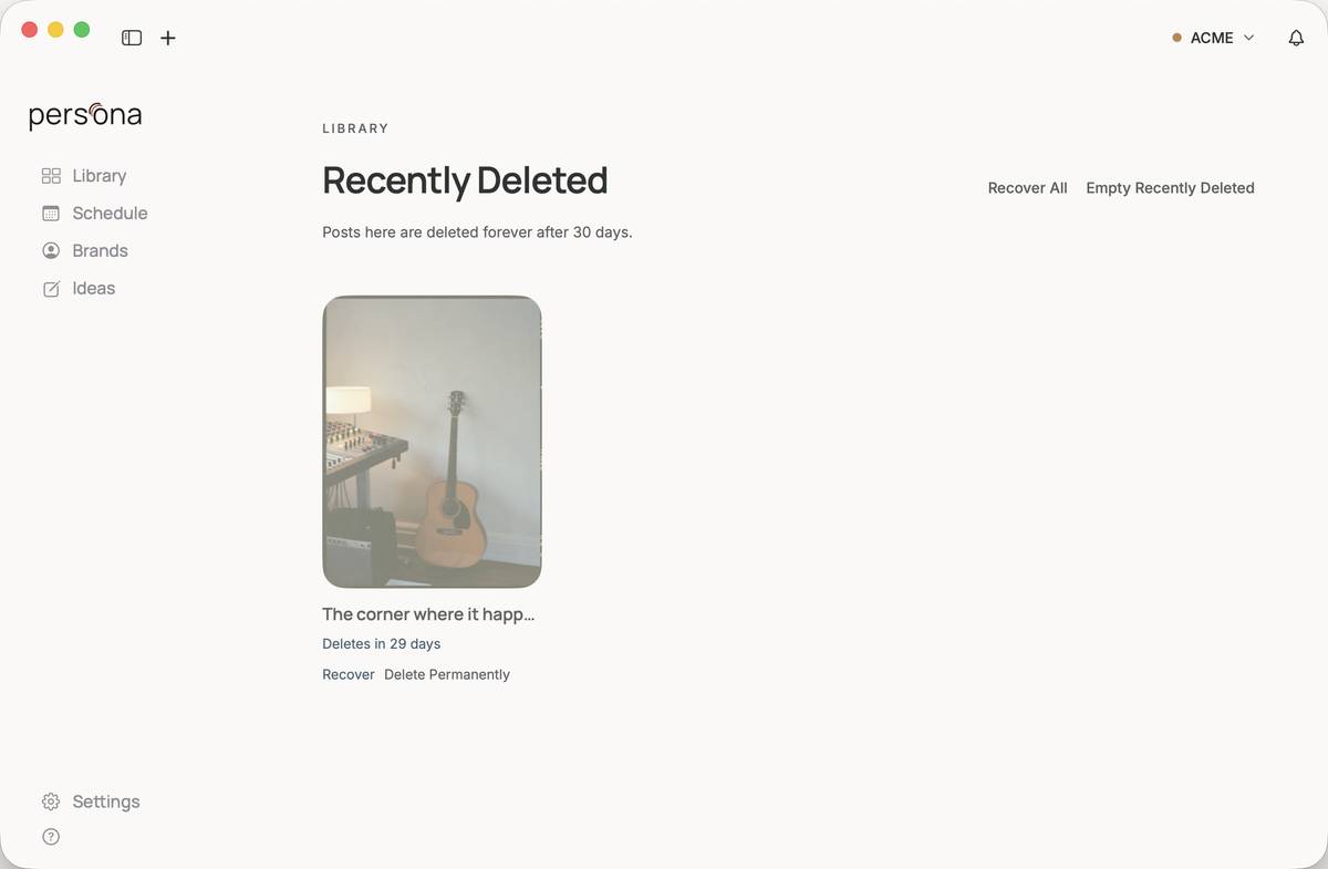 Recently Deleted: a post with Recover and Delete Permanently, deleted forever after 30 days