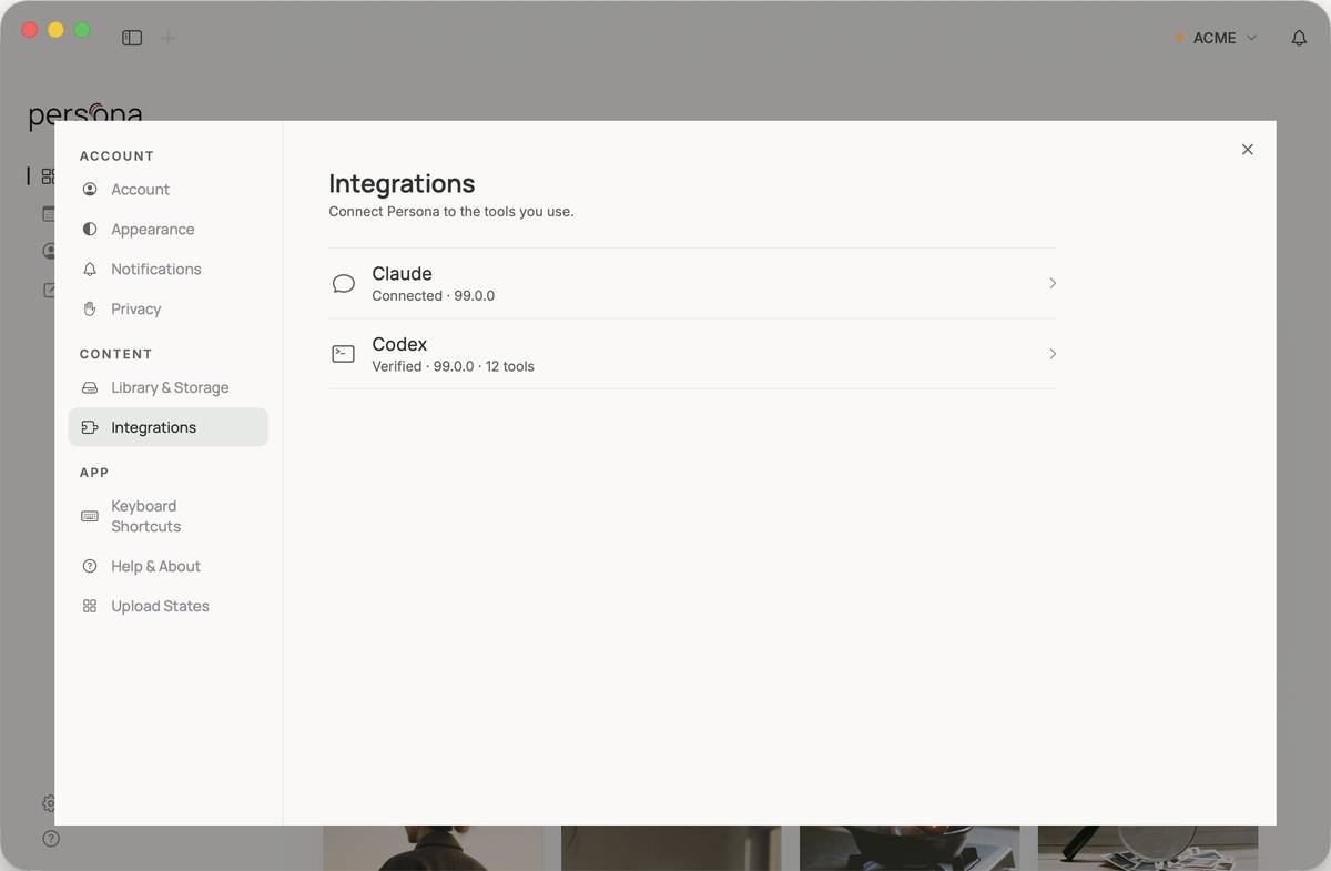 Settings → Integrations, with Claude connected